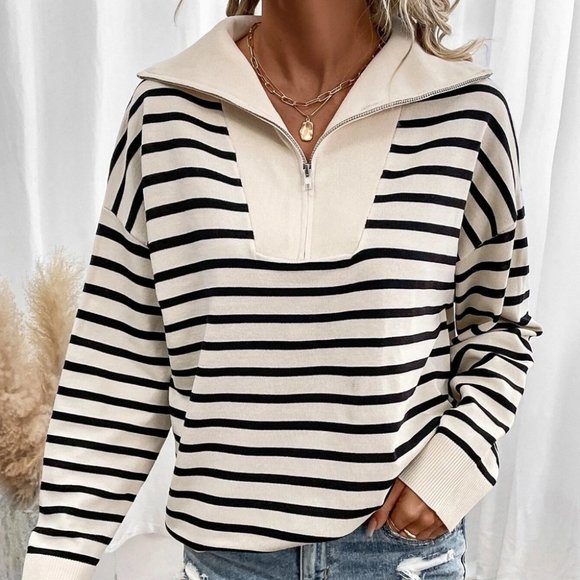 Casual Womens Striped Pattern Quarter Zip Drop Shoulder Sweater old money - Picture 5 of 5